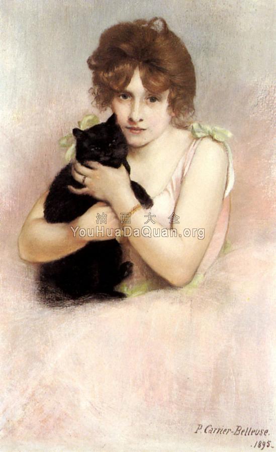 Young Ballerina Holding A Black Cat - 皮埃尔·卡列尔·贝劳斯